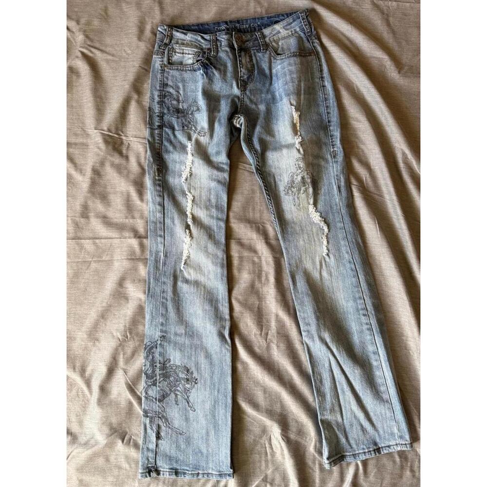 Cowgirl Tuff Rodeo Black Womens Bootcut Jeans 29x35 Light Wash Distressed Horse